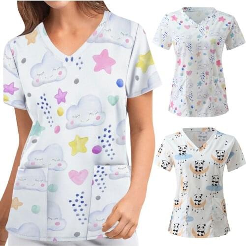 Women Cotton Cartoon Print Spa Uniform Short Sleeve V-neck Cartoon Pattern Tops Nursing Working Uniform T-shirts Mujer