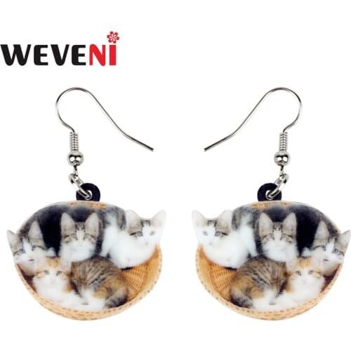 WEVENI Acrylic Cute Litter Of Cat Kitten Earrings Dangle Drop Fashion Animal Jewelry For Women Girls Statement Wholesale Gift