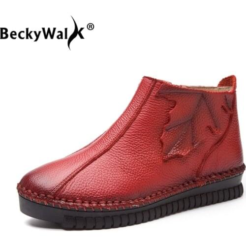 BeckyWalk Winter Genuine Leather Women Shoes Large Size Ankle Boots Round Toe Ladies Booties Womens Short Snow Boots WSH3067