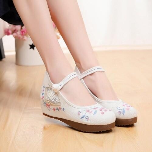 Chinese Fan Embroidery Ladies Canvas Hidden Platform Shoes Ankle Strap Vintage Women Casual Comfortable Soft Cotton Shoe