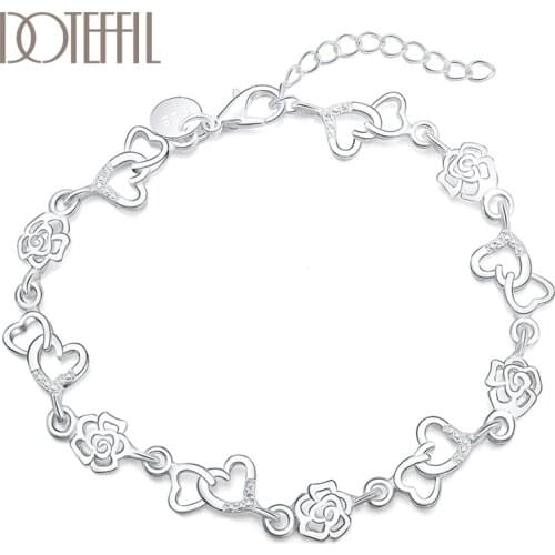 DOTEFFIL 925 Sterling Silver Full Heart Flower AAA Zircon Bracelet For Women Wedding Engagement Party Fashion Jewelry