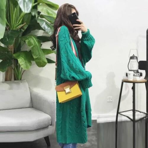 2021 New Loose Lazy Mid Long Sweaters Womens Thin Cardigan Spring Autumn Hollow Out Coat Twist Korean Fashion Long Sleeve Top