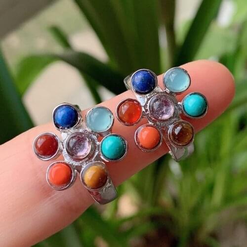Reiki Healing Chakra Crystal Rings Energy Stone Point Beaded Adjustable Rainbow Flower Quartz Fashion Women Finger Ring Jewelry