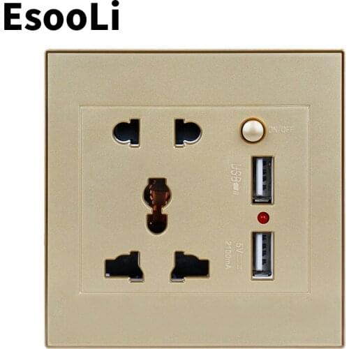 Esooli Gold Universal Standard Wall Power Socket Dual Switched USB Port For Mobile Phone 2.1A Output LED Power Indicator