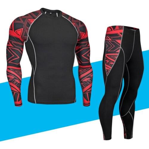 2Pcs/Set Men Printed Tracksuit Compression Shirt Pants Workout Rashguard Tights