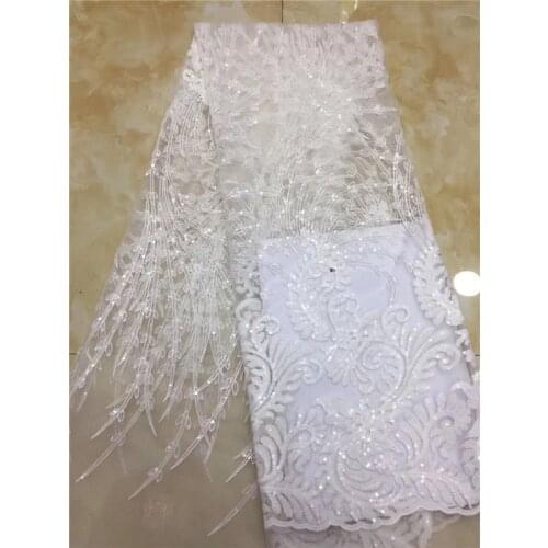 2019 high quality French Nigerian sequins net lace,African tulle mesh sequence lace fabric for party dress 5yards/lot white