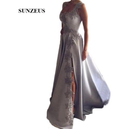High Leg Slit Satin Mother of the Bride Dresses Sweetheart Tank A-Line Gray Formal Dresses with Appliques vestidos de famosas