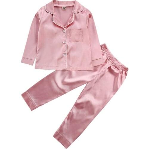 Kids Baby Spring Autumn Clothing Pajama Set Satin Sleepwear 2020 Boy Girls Long Sleeve Tops Pants Solid Nightwear Outfits 1-7T
