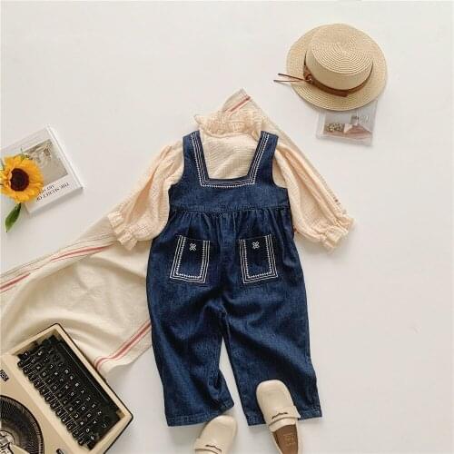 Childrens Overalls 2021 Autumn New Girl Jeans Korean Embroidered Childrens Suspender Pants Baby Cute Denim Overalls Girl Jeans
