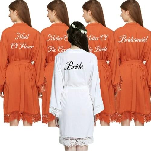 Cotton Lace Robe Bride print custom Robe Bridesmaid Robes for Women Wedding Bridal Robe Bathrobe Sleepwear orange robe