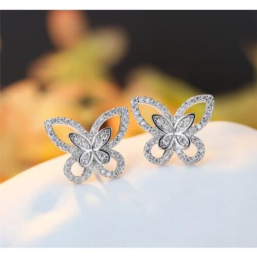 Cute Butterfly White Zircon Stud Earrings For Women Vintage Fashion Gold/Rose Gold/Silver Color Animal Earrings Wedding Jewelry