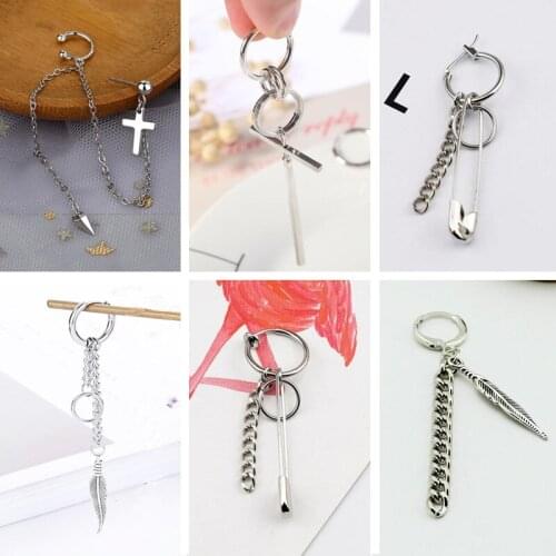 Fashion DNA Jewelry Korean Boys Stainless Steel Stud Earrings Feather Long Chain Men Women Asymmetric Rock Punk Unisex Ear Clip