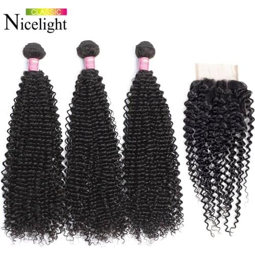 Nicelight 4pcs/lot Brazilian Human Hair Bundles With Closure Non-Remy Hair Extensio Kinky Curly 4x4 Lace Closure With Bundles