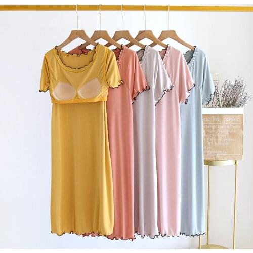 Chest Pad Sexy Sleepwear Dress Women O Neck Short Sleeve Modal Nightgowns For Women New Loose Nightshirt Comfortable Nightdress
