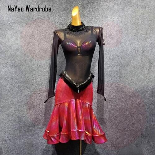 2020 New Back See throught and Red Patchwork Latin Dance Dress Dancing Performance Women Dress Ballroom Samba Tango LP436
