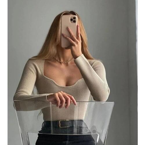 2021 new women knitting sweaters Top long-arm heart-neck Casual fashion Mrs Slim-fit Tight knitted sweater sweater tops