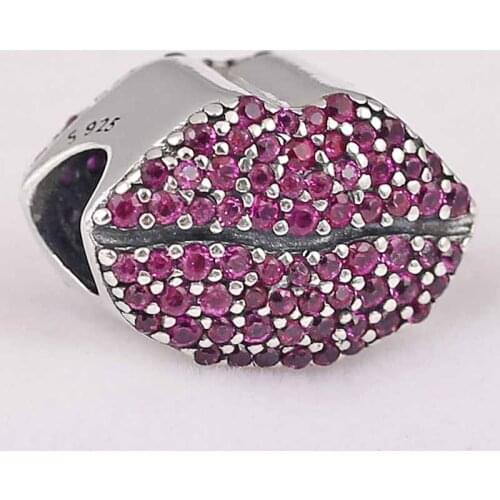 Original Kissable Red Lips Kiss More With Crystal Beads Fit 925 Sterling Silver Charm Women Bracelet Diy Jewelry
