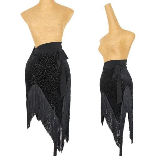 Latin Dance Skirt Women Leopard Velvet Tassel Hip Scarf Adult Training Samba Rumba Cha Cha Practice Wear Black Skirts DNV14166