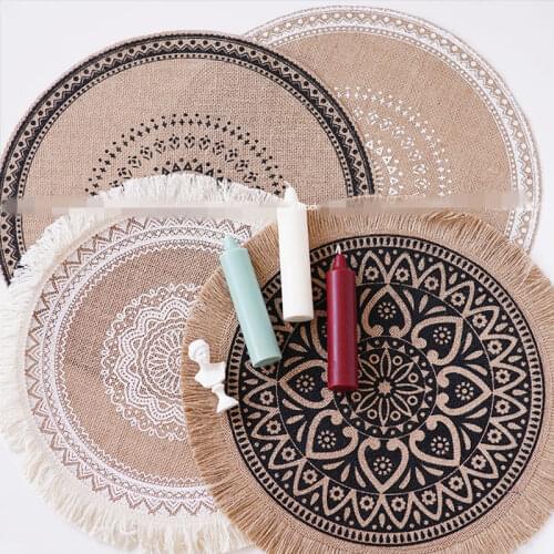 Cotton Linen Woven Placemat Linen Placemat Table Mat Round Embroidery Decoration Pads Retro Heat Insulation Non-slip Cup Mats