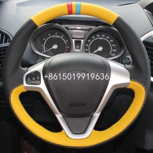 Hand sewn Yellow Black Leather Car Steering Wheel Cover for Ford Fiesta Ecosport