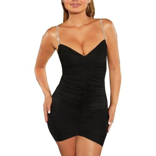 Sexy Diamonds Spaghetti Strap Low-cut Bandage Mini Dress Women Summer Backless Pleated Package Hip Night Club Party Dress Ladies