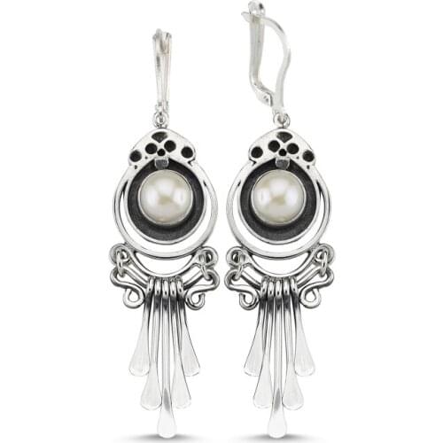 Silver 925 Sterling Dangle Hand Job With Pearls Earrings