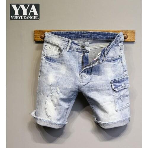 Summer Light BlueWashed Vintage Cargo Shorts Men Slim Fit Knee Length Straight Jeans High Street Casual Ripped Denim Shorts Male
