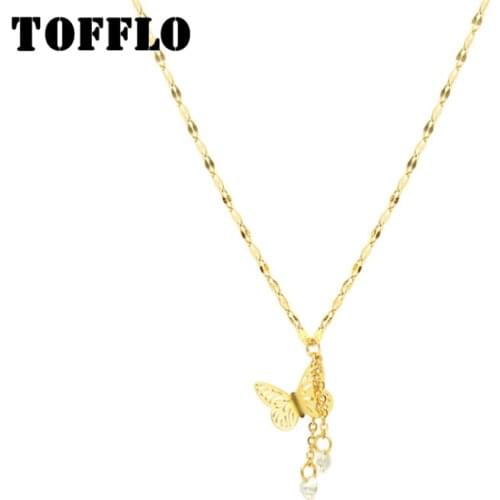 TOFFLO Stainless Steel Jewelry Butterfly Tassel Necklace Zircon Necklace Sweet Female Clavicle Chain BSP686