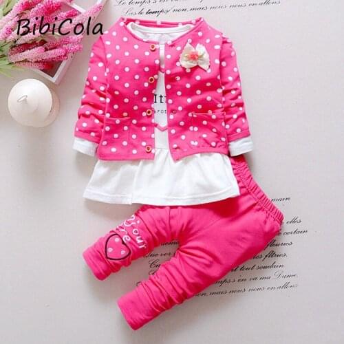 2020 spring girl clothes set long sleeve o-neck dots bowknot heart printed cotton vest+coat+pant infant set toddler girl suits