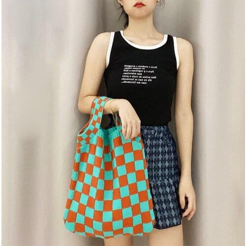 Hylhexyr Women Color Chessboard Plaid Handbags Wool Knitted Shoulder Tote Bag Cotton Fashion College Style Handbag Ladies Purse