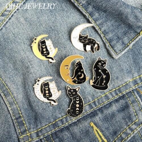 QIHE Jewelry Astronomical Astrology Black Cat Enamel Pins Moon Tattoo Punk Gothic Brooches Clothes Bag Badges Gifts for Friends