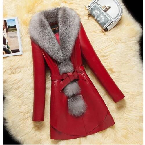 Womens Leather Jacket for Winter New Plus Velvet Warm Slim Big Fur Collar Long Leather Coat Female Outerwear