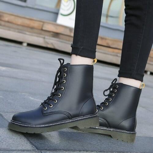 Winter Women Biker Ankle Boots Light PU Leather Lace Up Sewing Rubber Basic Round Toe Platform Punk Ladies Shoes Botas Mujer