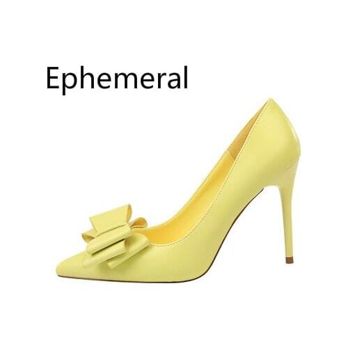 Women Sexy Bow Extreme High Heel Shoes 10cm Thin Heels Pumps Shallow Mouth Stilettos Mujer Zapatos Plus Size US3-12 Yellow Pink