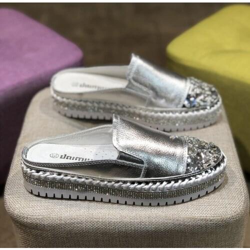 Rhinestone Women Platform Slippers Fashion Casual Sandals Women Leather Silver Closed Toe Slides Summer Slip On Rubber Shoes