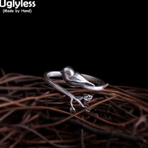 Uglyless Handmade Vivid Bird Rings for Women Real 925 Silver Sparrow Open Rings Vintage Thai Silver Leaves Ethnic Animal Jewelry