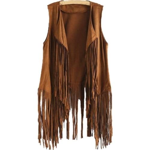 Women Faux Suede Sleeveless Jacket Fringe Tassels 70s Hippie Open Front Cardigan Q39C