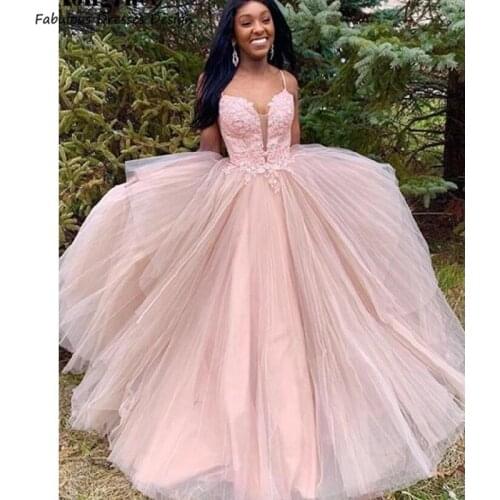 Pink Applique Lace Tulle Prom Dresses 2020 Backless Spaghetti Strap Ball Gown فساتين السهرة Long Evening Dress Party For Women