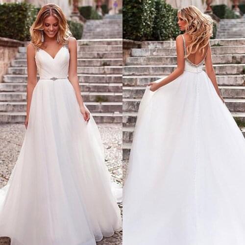 Custom Made V-Neck Ruched Tulle Wedding Dresses Bridal Gowns with Beaded Strap Court Train Vestidos de novia