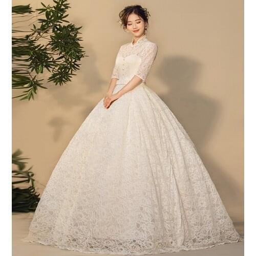 Fashion Classic Half Sleeves Small High Neck Wedding Dresses Vestidos de novia elegant Girls Gowns Robe De Mariage 2020