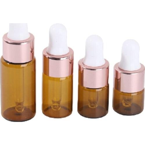 1ml 2ml 3ml 5ml Brown Glass Pipette Dropper Bottle Empty Packaging Container Essential Oil Vials Rose Gold Lid White Top 100pcs