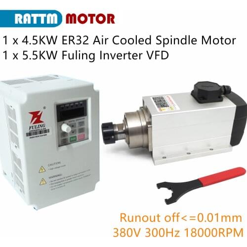 4.5Kw ER32 Air Cooled Spindle Motor Runout-off 0.01mm 9A 18000RPM 380V + 5.5KW Inverter for CNC Engraving Milling Router Machine