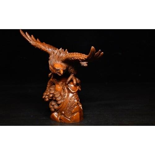 6" China Collection Old Boxwood Eagle statue Eagle spreads its wings Implication Grand plans Pengcheng Wanli