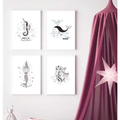 Abstract Mermaid Whale Hippocampus Wall Art Poster Marine Organism Canvas Painting Baby Nursery Art Print Nordic Kids Room Decor