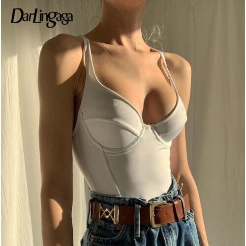 Darlingaga Fashion Strap V Neck White Summer Bodysuit Tops Bodycon Corset Sexy Body Ladies Solid Fitness Party Bodysuits Rompers