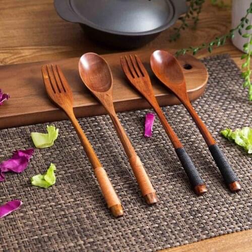 1Pc Japan Dining Long Handle Wood Spoon Fork Salad Fruit Dessrt Fork Creative Teaspoon Coffee Spoon Tableware Kids