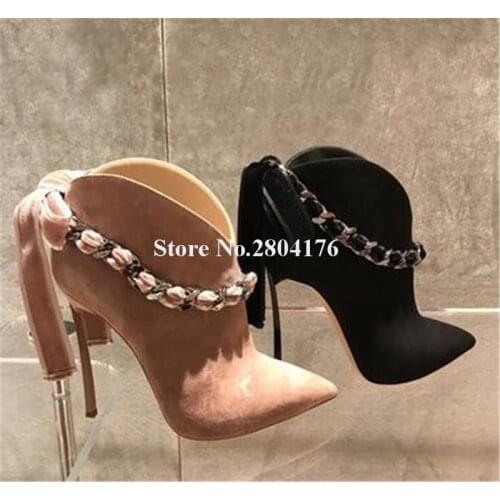 Brand Design Women Fashion Suede Leather Stiletto Metal Heel Chain Design Short Boots Pink Black Bowtie High Heel Ankle Booties