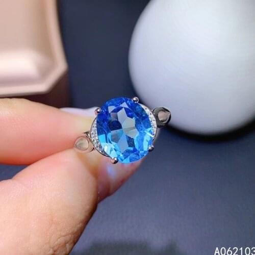 KJJEAXCMY fine jewelry 925 sterling silver inlaid natural Blue Topaz Womens fashion simple oval adjustable big gem ring support