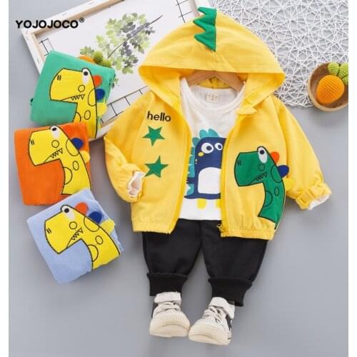 0-4 years old baby boy clothes spring and autumn suit boy cartoon dinosaur hooded sweater casual clothes baby three-piece suit