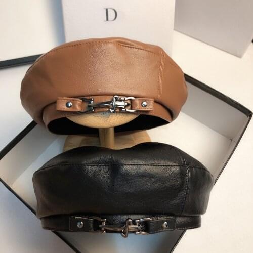 Leather Berets for Women Men with Metal Arrows Autumn Winter Spring Painter Hats 2021 New French Fashion Lady Solid Cap Visors